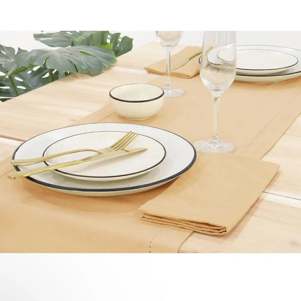 NWT New PurpleEssences Beige Hemstitch Table Runner Cotton 14 x 72
